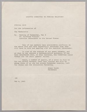 [Memo from Brown Booth of Houston Committee on Foreign Relations to the members, May 06, 1963]