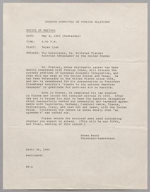 Primary view of object titled '[Letter from Brown Booth of Houston Committee on Foreign Relations to the members, April 26, 1963]'.