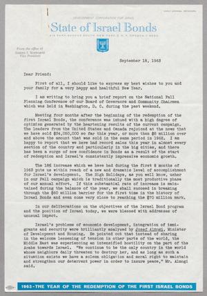[Letter from State of Israel Bonds, September 18, 1963]