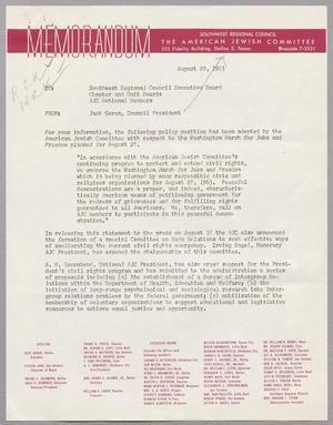 [Memorandum from Jack Goren of The American Jewish Committee to members of Southwest Regional Council Executive Board, August 20, 1963]