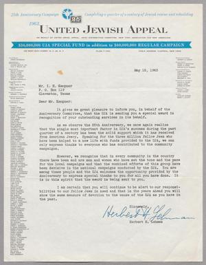 [Letter from Herbert H. Lehman to Isaac Herbert  Kempner, May 15, 1963]