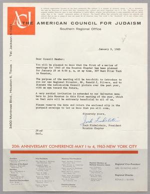 Primary view of object titled '[Letter from The American Council for Judaism to Council member, January 9, 1963]'.