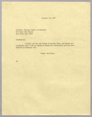 [Letter from Harris L. Kempner to the Foreign Policy Association, January 23, 1967]