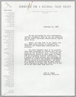 [Letter from Committee for a National Trade Policy, February 21, 1968]