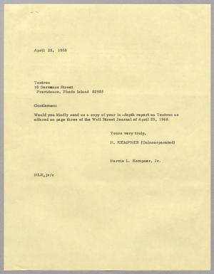 Primary view of object titled '[Letter from Harris L. Kempner, Jr. to Textron, April 25, 1968]'.