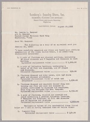 [Letter from Irving D. Clark to Harris L. Kempner, August 20, 1962]