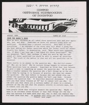 United Orthodox Synagogues of Houston Newsletter, August 1989