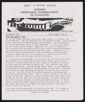 Primary view of object titled 'United Orthodox Synagogues of Houston Newsletter, September 1989'.