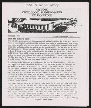 United Orthodox Synagogues of Houston Newsletter, October 1989