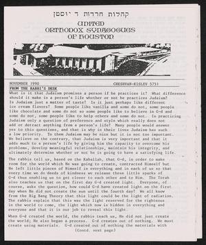 Primary view of object titled 'United Orthodox Synagogues of Houston Newsletter, November 1990'.