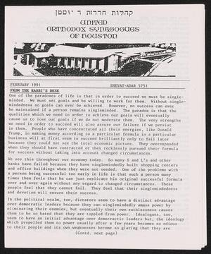 United Orthodox Synagogues of Houston Newsletter, February 1991