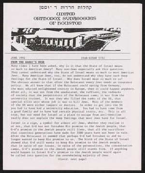 Primary view of object titled 'United Orthodox Synagogues of Houston Newsletter, June 1992'.
