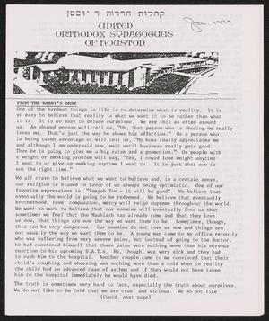 Primary view of object titled 'United Orthodox Synagogues of Houston Newsletter, January 1994'.