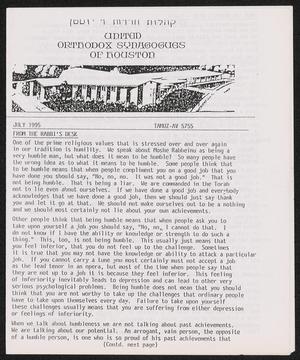 Primary view of object titled 'United Orthodox Synagogues of Houston Newsletter, July 1995'.