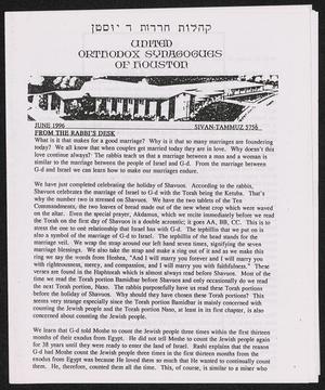 Primary view of object titled 'United Orthodox Synagogues of Houston Newsletter, June 1996'.
