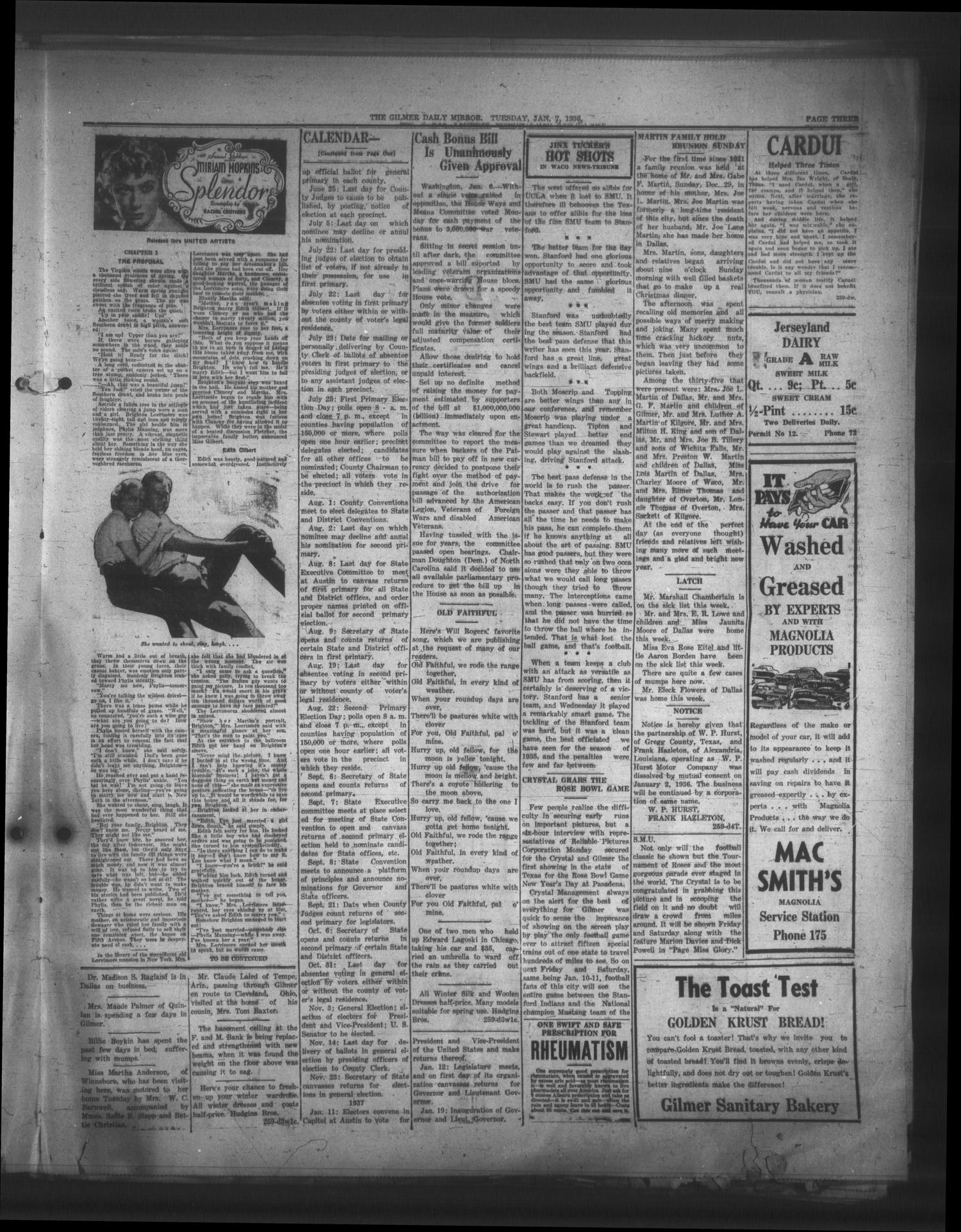 The Gilmer Daily Mirror (Gilmer, Tex.), Vol. 20, No. 259, Ed. 1 Tuesday, January 7, 1936
                                                
                                                    [Sequence #]: 3 of 4
                                                