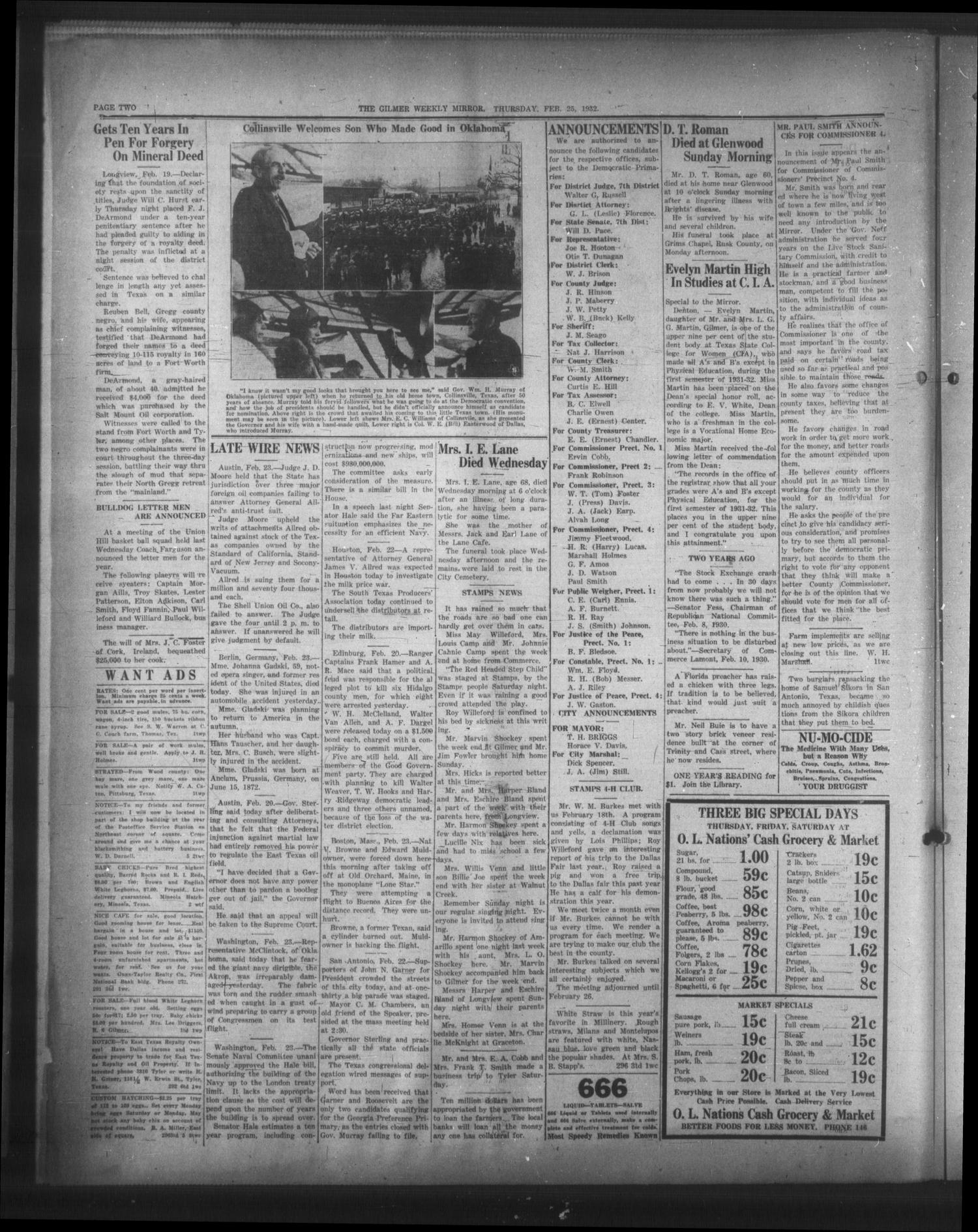 The Gilmer Weekly Mirror (Gilmer, Tex.), Vol. 56, No. 5, Ed. 1 Thursday, February 25, 1932
                                                
                                                    [Sequence #]: 2 of 6
                                                