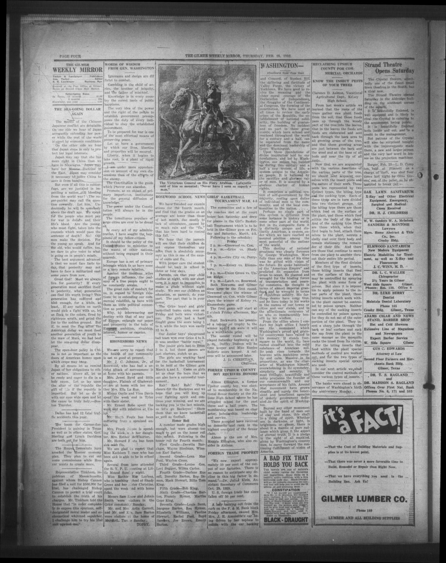 The Gilmer Weekly Mirror (Gilmer, Tex.), Vol. 56, No. 5, Ed. 1 Thursday, February 25, 1932
                                                
                                                    [Sequence #]: 4 of 6
                                                