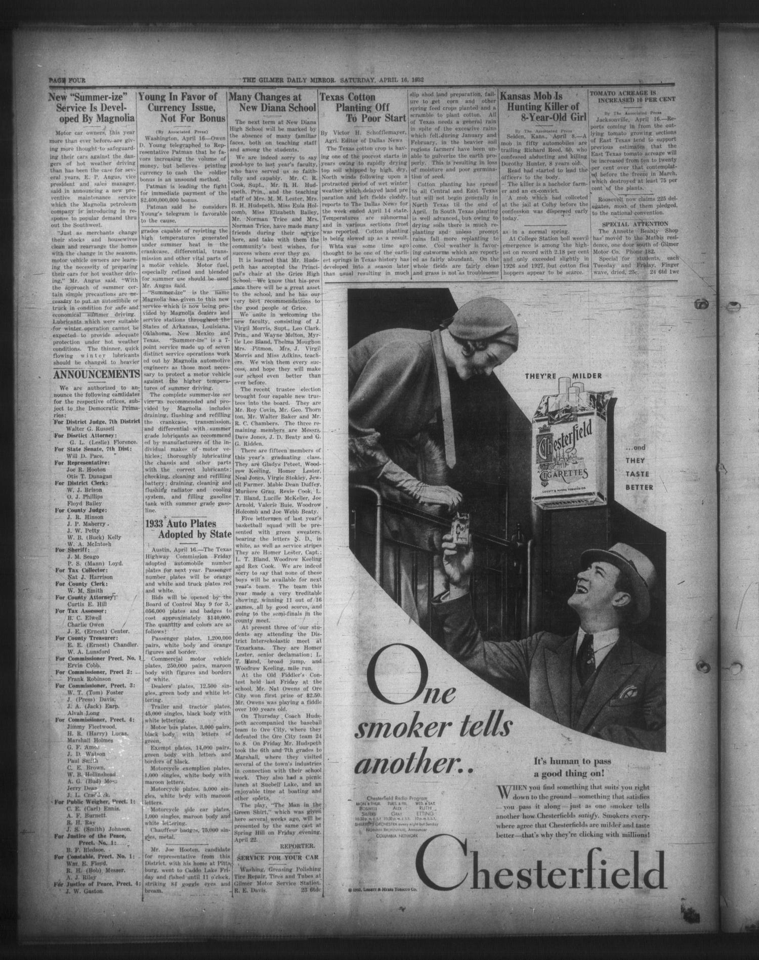 The Gilmer Daily Mirror (Gilmer, Tex.), Vol. 17, No. 28, Ed. 1 Saturday, April 16, 1932
                                                
                                                    [Sequence #]: 4 of 4
                                                