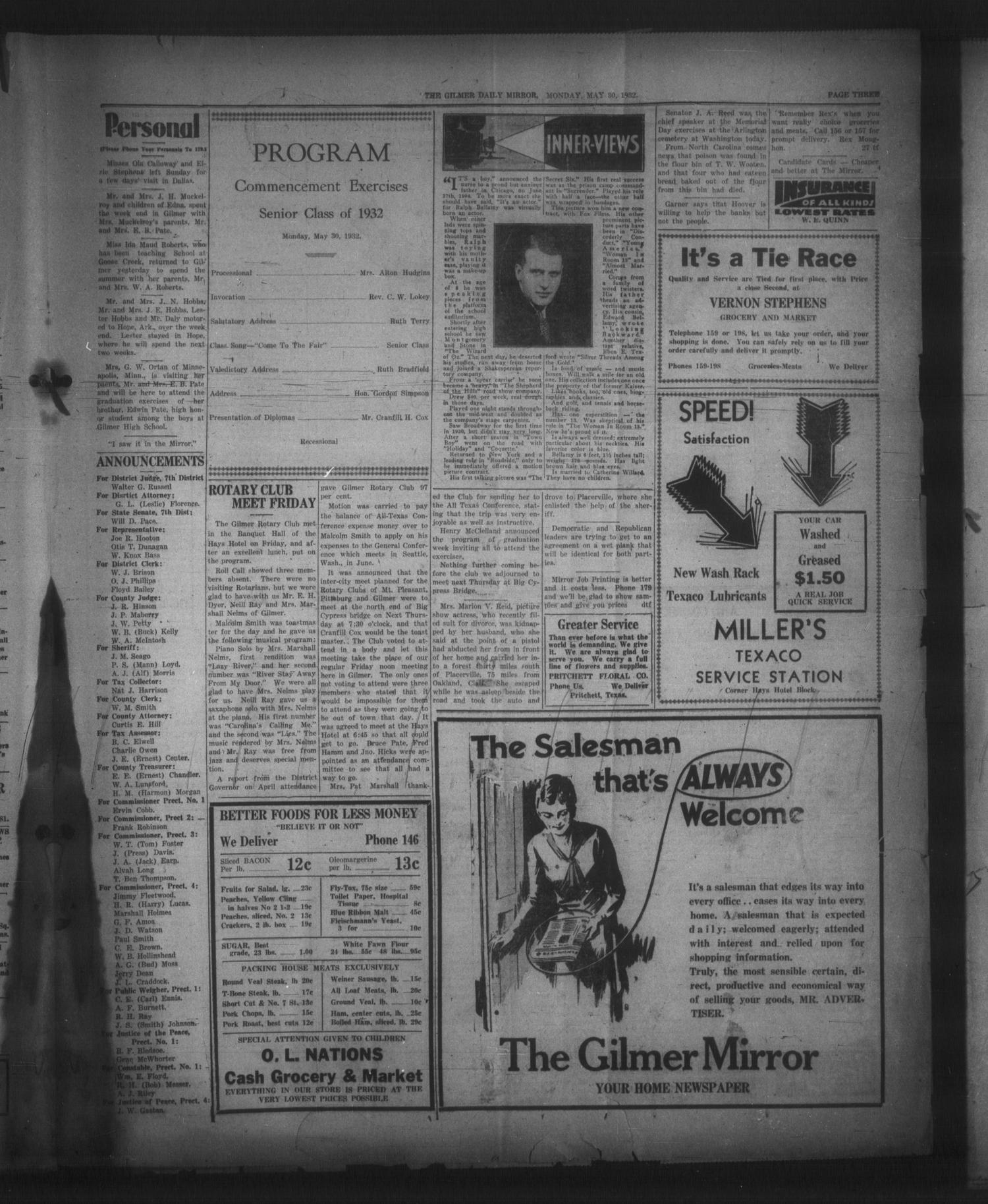 The Gilmer Daily Mirror (Gilmer, Tex.), Vol. 17, No. 65, Ed. 1 Monday, May 30, 1932
                                                
                                                    [Sequence #]: 3 of 4
                                                