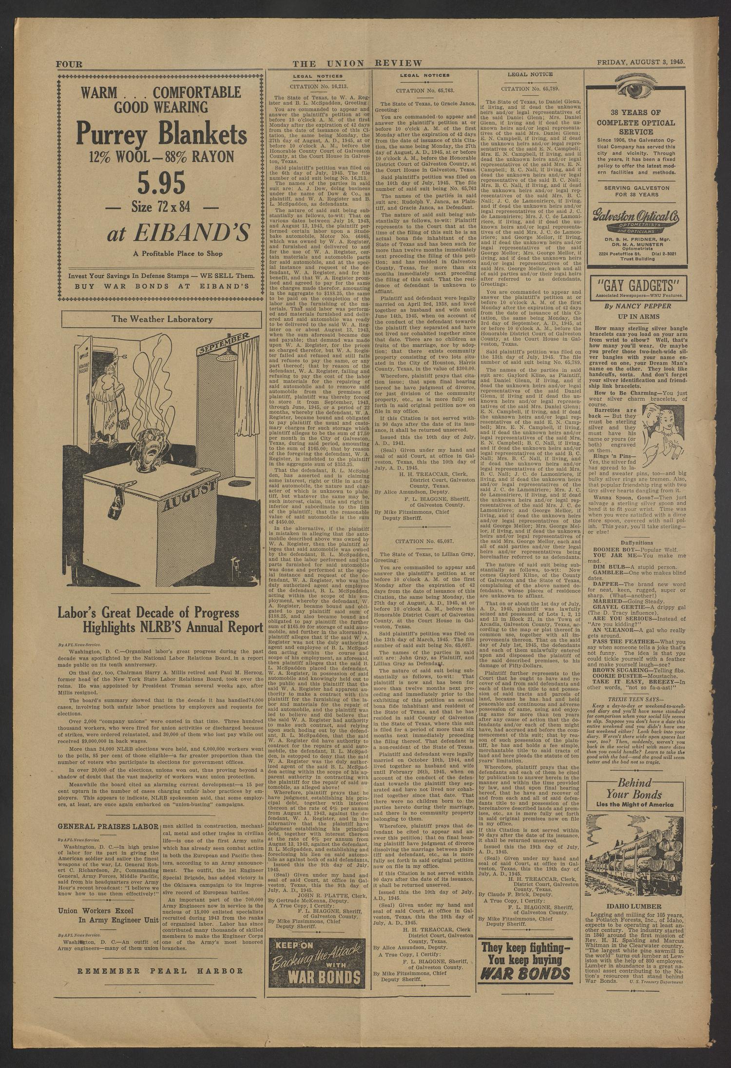 The Union Review (Galveston, Tex.), Vol. 26, No. 16, Ed. 1 Friday, August 3, 1945
                                                
                                                    [Sequence #]: 4 of 4
                                                