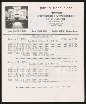 United Orthodox Synagogues of Houston, Two Week Bulletin: [Starting] January 5, 1973
