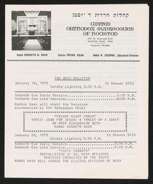 Primary view of object titled 'United Orthodox Synagogues of Houston, Two Week Bulletin, [Starting] January 19, 1973'.
