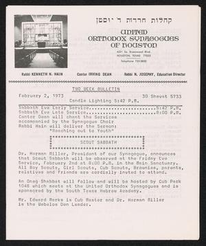 United Orthodox Synagogues of Houston, Two Week Bulletin: [Starting] February 2, 1973