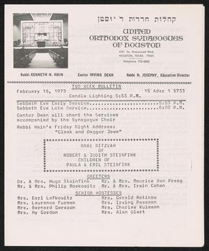 Primary view of object titled 'United Orthodox Synagogues of Houston, Two Week Bulletin: [Starting] February 16, 1973'.