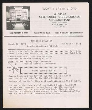 Primary view of object titled 'United Orthodox Synagogues of Houston, Two Week Bulletin: [Starting] March 16, 1973'.