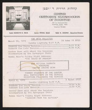 Primary view of object titled 'United Orthodox Synagogues of Houston, Two Week Bulletin: [Starting] March 30, 1973'.