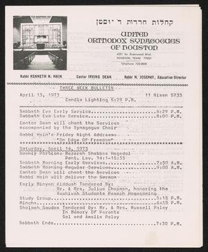 Primary view of object titled 'United Orthodox Synagogues of Houston, Three Week Bulletin: [Starting] April 13, 1975'.