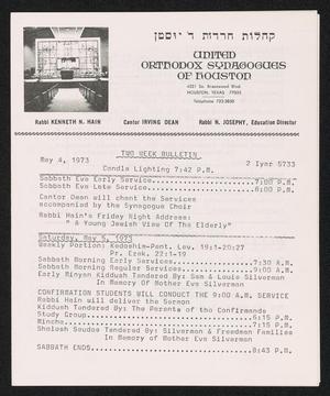 Primary view of object titled 'United Orthodox Synagogues of Houston, Two Week Bulletin: [Starting] May 4, 1973'.