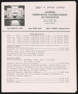 Primary view of object titled 'United Orthodox Synagogues of Houston Bulletin, June 1973'.