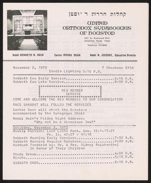 United Orthodox Synagogues of Houston Newsletter, [Week Starting] November 2, 1973