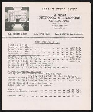 United Orthodox Synagogues of Houston, Four Week Bulletin, [Starting] January 18, 1974