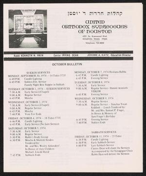 United Orthodox Synagogues of Houston Bulletin, October 1974