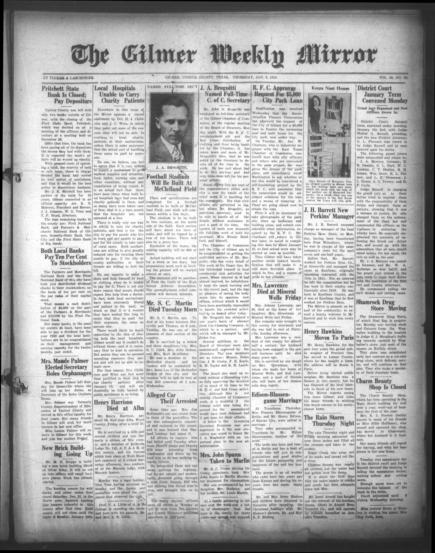 The Gilmer Weekly Mirror (Gilmer, Tex.), Vol. 56, No. 50, Ed. 1 Thursday, January 5, 1933
                                                
                                                    [Sequence #]: 1 of 6
                                                