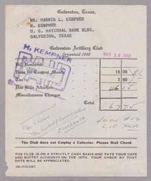 [Monthly Bill for Galveston Artillery Club: November 30, 1953