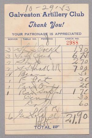 [Restaurant Bill from Galveston Artillery Club, October 29, 1953, #2]