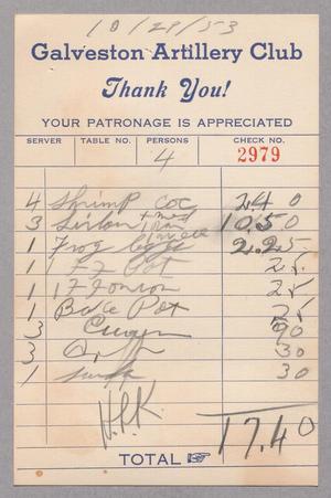 [Restaurant Bill from Galveston Artillery Club, October 29, 1953]