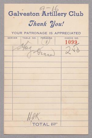 [Restaurant Bill from Galveston Artillery Club, September 16, 1953]