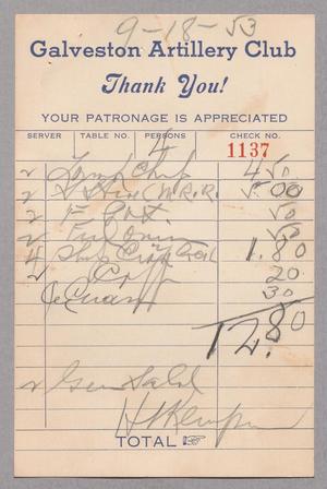 [Restaurant Bill From Galveston Artillery Club, September 18, 1953]