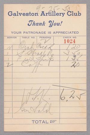 [Restaurant Bill from Galveston Artillery Club, September 25, 1953]