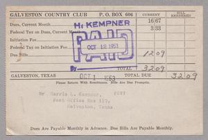 [Monthly Bill for Galveston Country Club: October 1953]