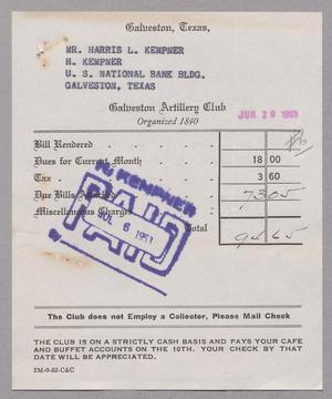 [Monthly Bill for Galveston Artillery Club: June 1953]