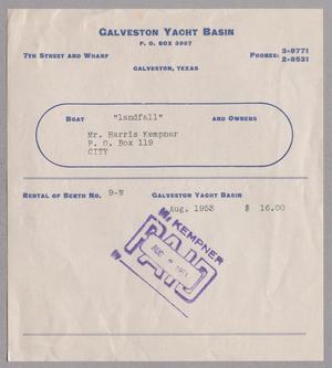 [Monthly Bill for Yacht Berth: August 1953]