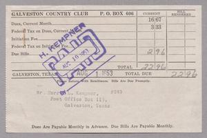 [Monthly Bill for Galveston Country Club: August 1953]
