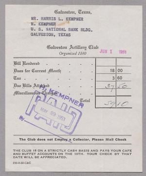 [Monthly Bill for Galveston Artillery Club: June 1953]