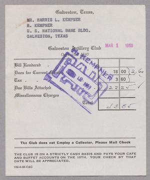 [Monthly Bill for Galveston Artillery Club: March 1953]